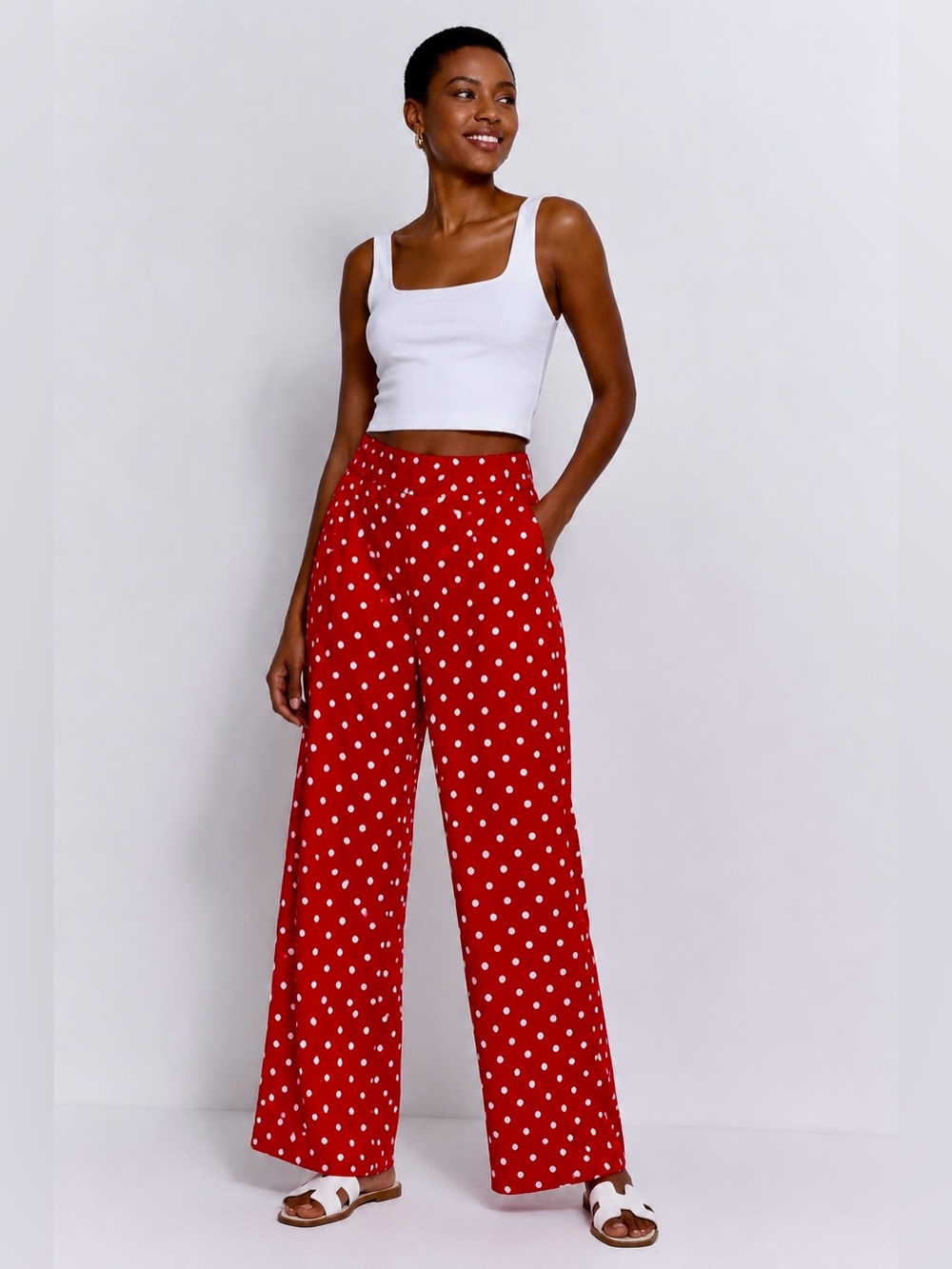 SHEIN Red White Polka Dot Wide Leg Palazzo Pants | Smocked Waist | Size M
